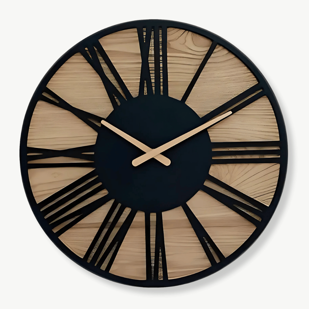 Horloge Murale Bois & Chiffres Romains Noirs