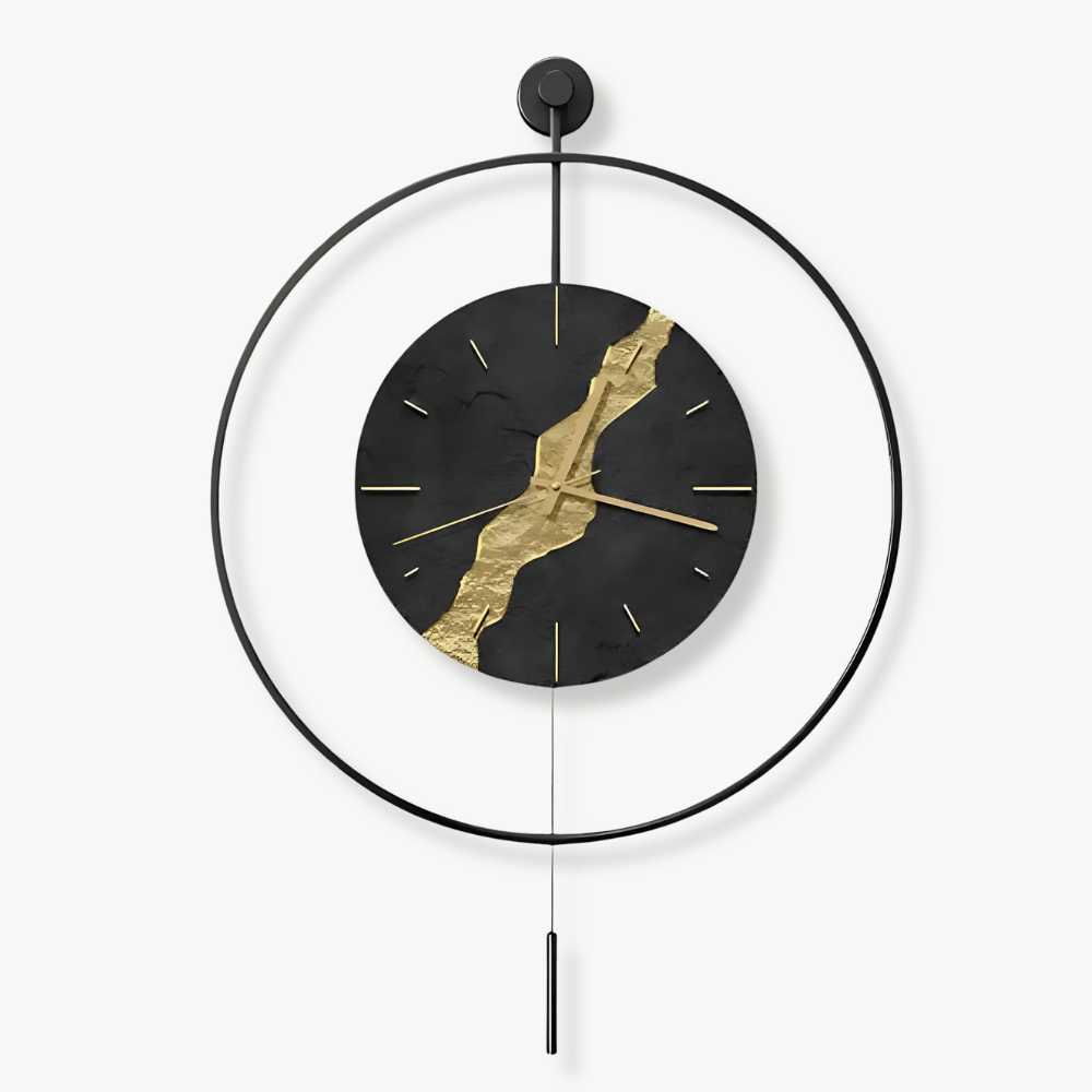 Horloge Murale Pendule Noire & Or Kintsugi