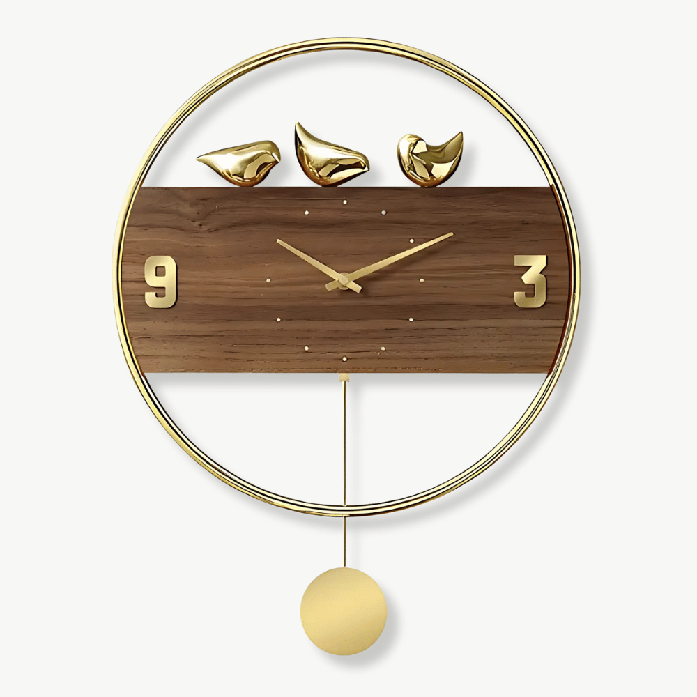 Pendule Murale Design Oiseaux Dorés