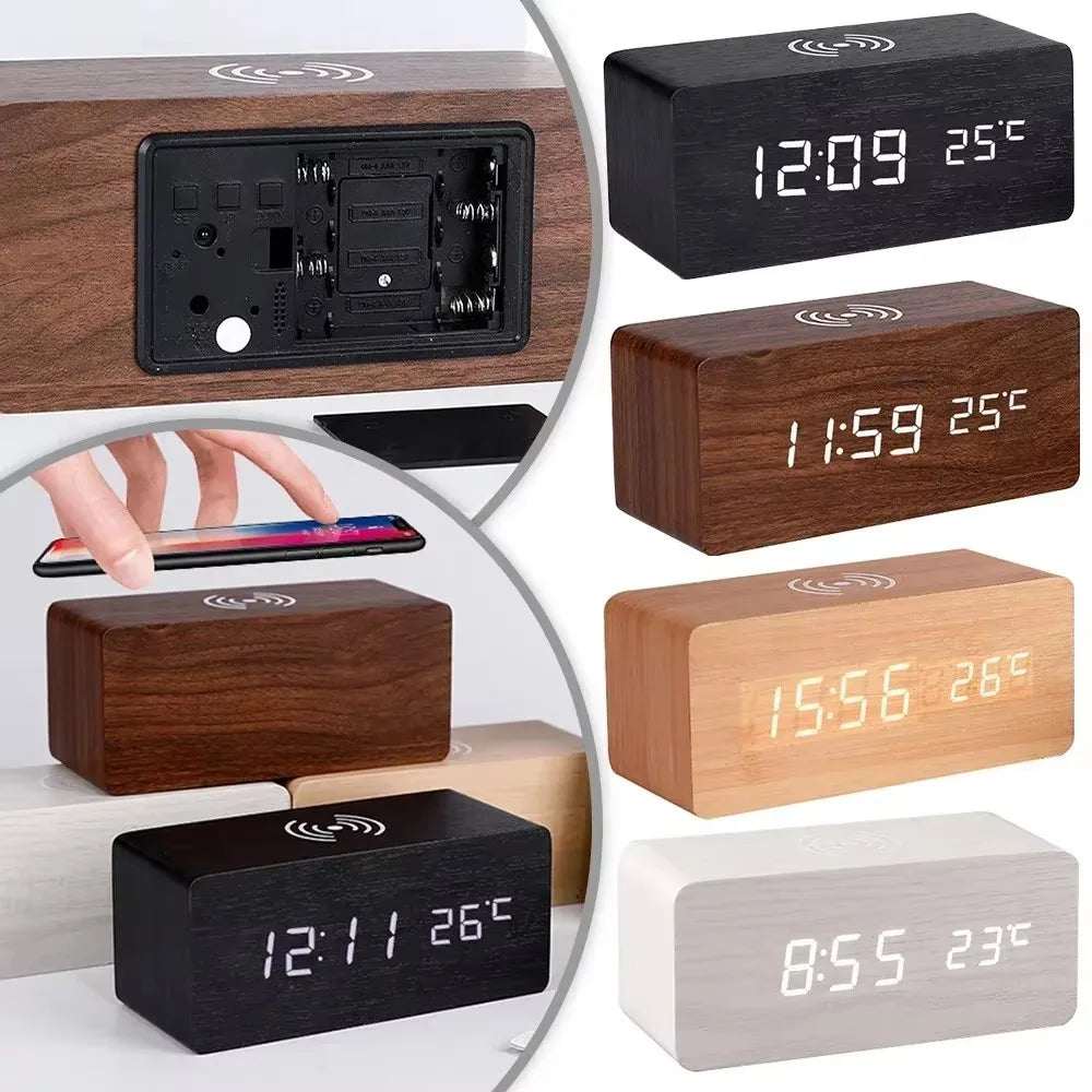 Horloge LED en Bois | Réveil Numérique avec Chargeur Sans Fil Qi | Affichage de Température et Humidité pour un Confort Optimal 0
