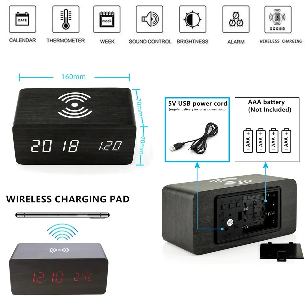 Horloge LED en Bois | Réveil Numérique avec Chargeur Sans Fil Qi | Affichage de Température et Humidité pour un Confort Optimal 2