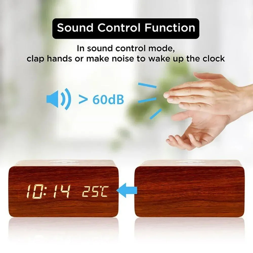 Horloge LED en Bois | Réveil Numérique avec Chargeur Sans Fil Qi | Affichage de Température et Humidité pour un Confort Optimal 3