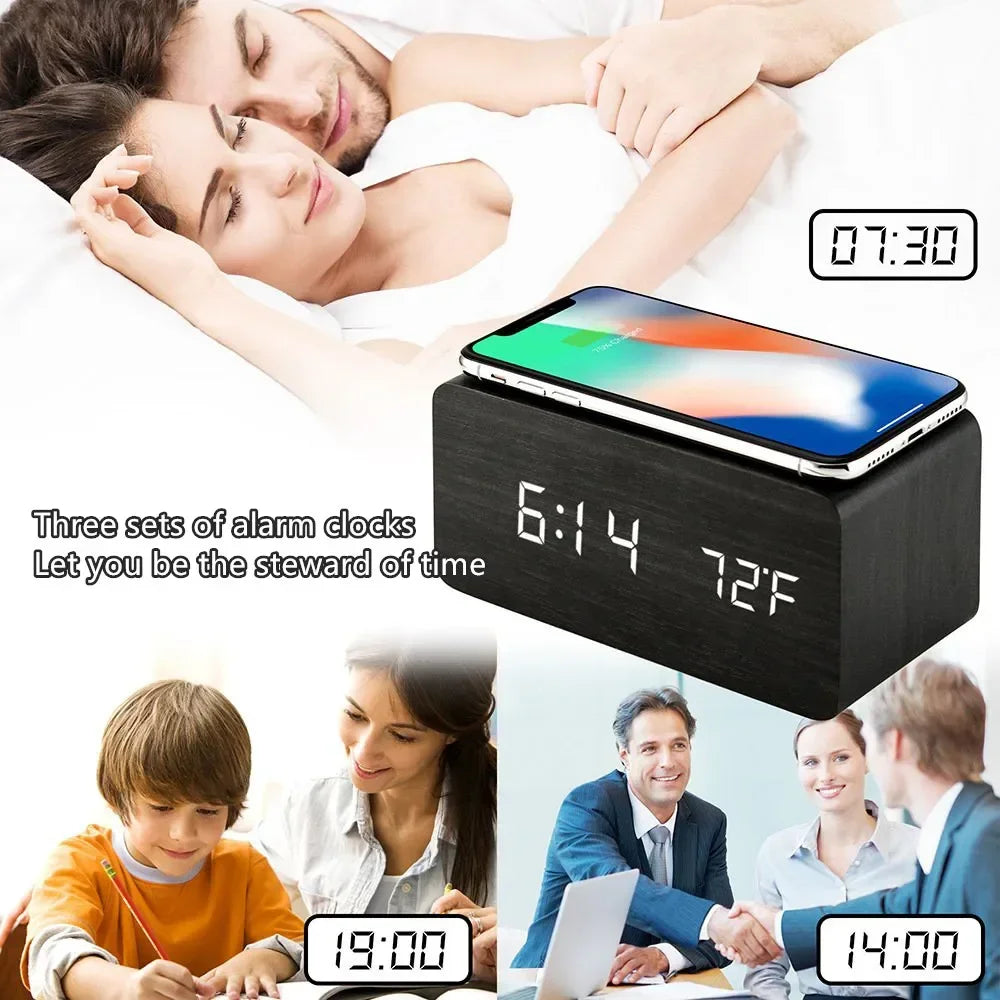 Horloge LED en Bois | Réveil Numérique avec Chargeur Sans Fil Qi | Affichage de Température et Humidité pour un Confort Optimal 4