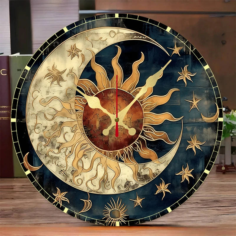 Horloge Murale Design en Bois avec Motif Soleil et Lune | Élégante Décoration Silencieuse pour Salon et Bureau 0