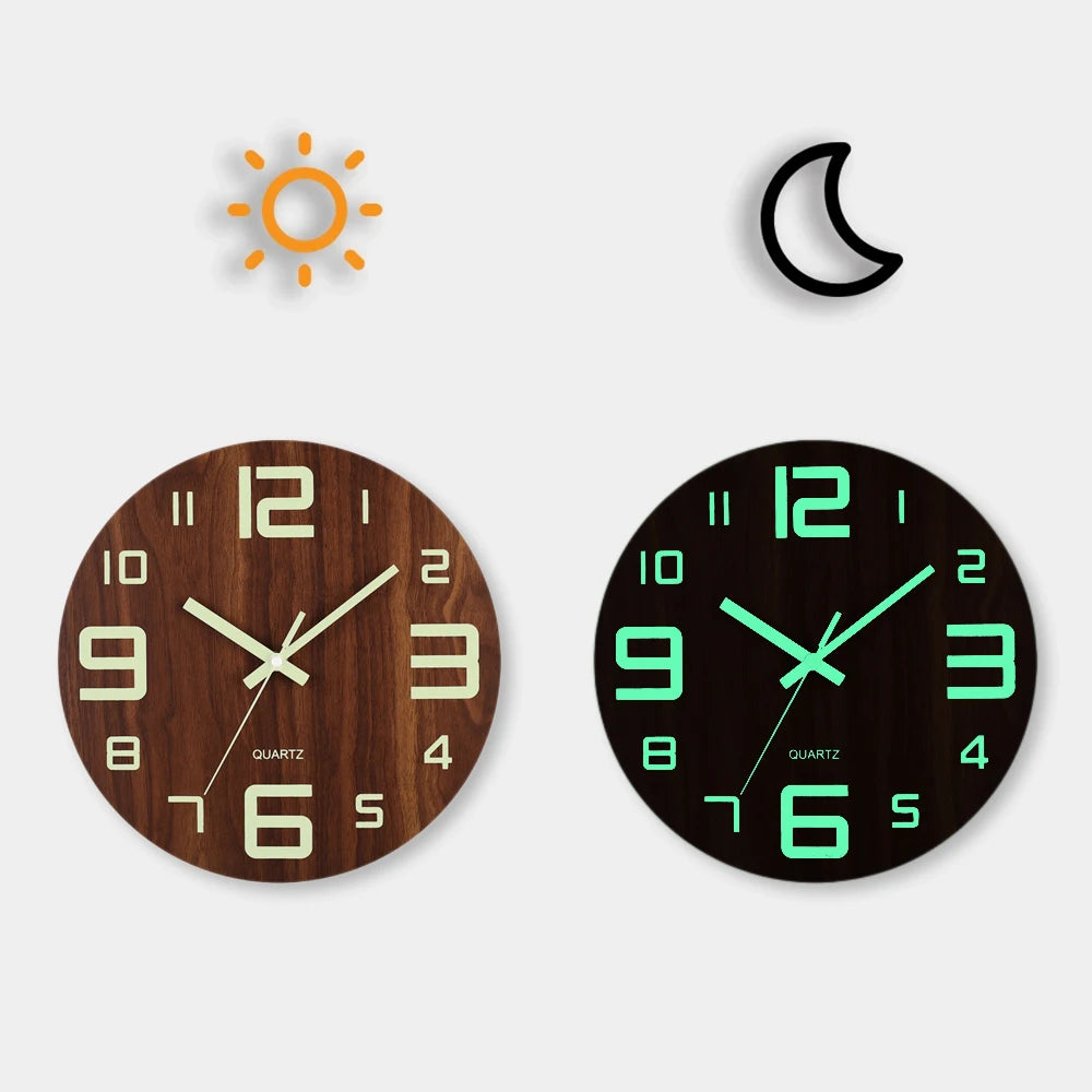 Horloge Murale Design en Bois de 12 Pouces avec Veilleuse Silencieuse | Style Nordique pour Décoration Moderne 1