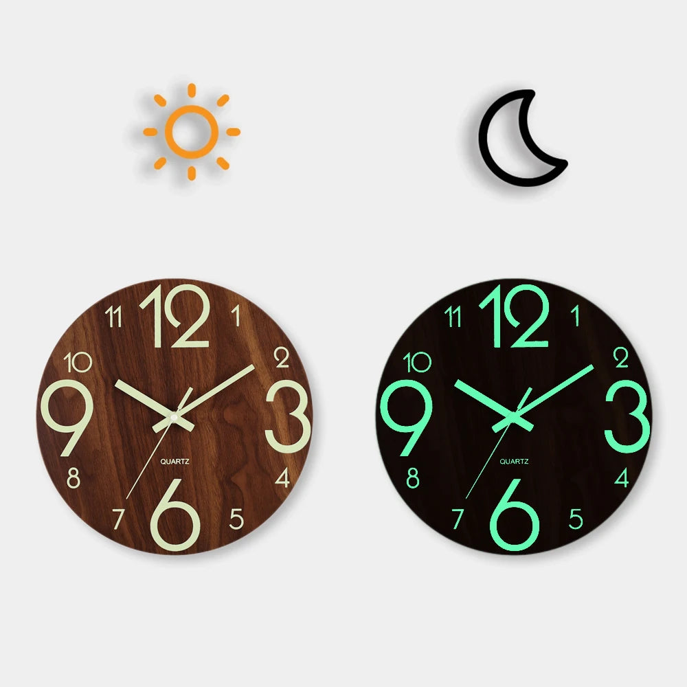 Horloge Murale Design en Bois de 12 Pouces avec Veilleuse Silencieuse | Style Nordique pour Décoration Moderne 2