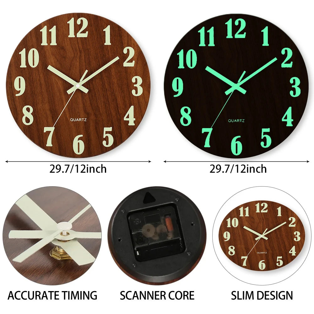 Horloge Murale Design en Bois de 12 Pouces avec Veilleuse Silencieuse | Style Nordique pour Décoration Moderne 4